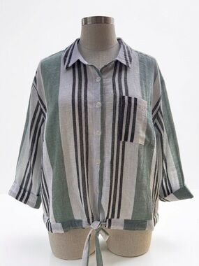 Striped Tie-Hem Shirt Jacket in Green and White